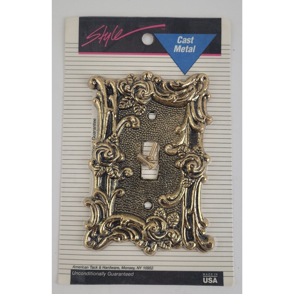 Vintage AmerTac Ornate Brass Single Switch Plate NOS Victorian Wall Cover Gold